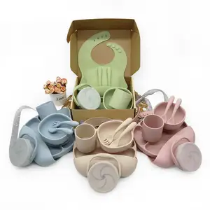 Grosir perlengkapan makan bayi kustom balita peralatan makan silikon bayi set piring bayi silikon hisap untuk anak-anak