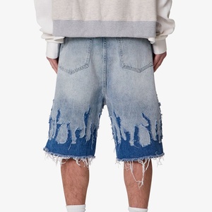 Men Two Tone Flame Cut Frayed Denim Jorts Vintage Wide Leg Street Shorts OEM Custom - Product Image 3