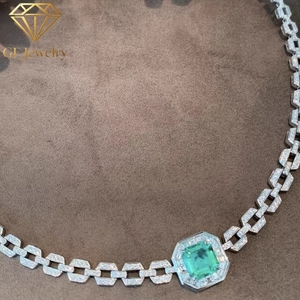 Octagonal Frame Lab Emerald Paperclip Link Choker 14K White Gold Paved Diamond Evening <b>Statement</b> <b>Necklace</b> - Product Image 2