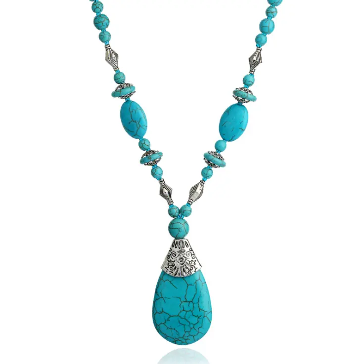 Collana con ciondolo a goccia d'acqua in pietra turchese Vintage da donna con gioielli Boho fatti a mano con pietre preziose