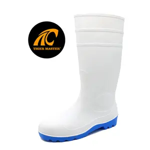 สีขาวอุตสาหกรรมอาหารกันน้ำ Anti Slip สารเคมี CE เหล็กหลักฐานเจาะ Custom พิมพ์ PVC Rain Boots
