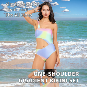 Traje de baño de una pieza con un solo hombro y degradado de color, con aberturas, cintura alta, tipo bandeau, de punto elástico para mujer - Product Image 2