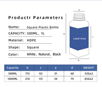 Bouteille en plastique HDPE carrée mate de 500 ml et 1000 ml avec bouchon à vis inviolable, bouteilles vides pour l'emballage de liquides chimiques