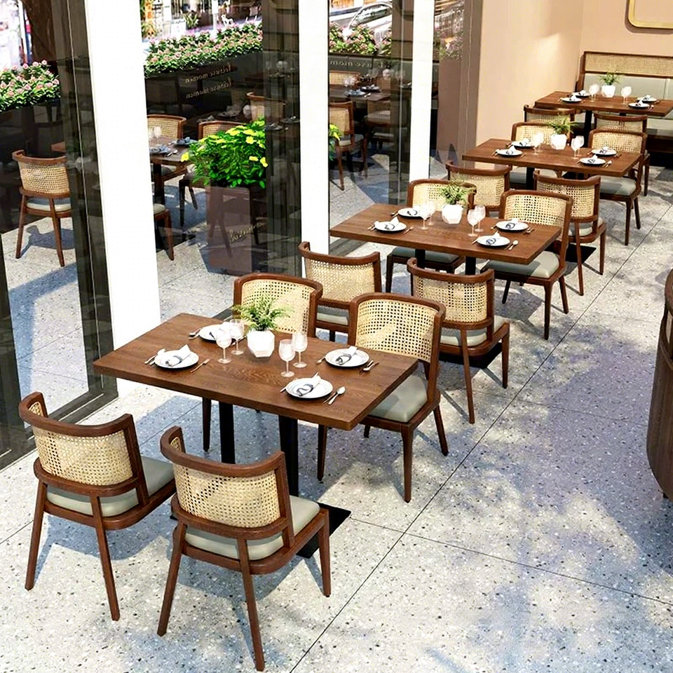 Long Table Setting Modern Solid Wood Restaurant Furniture Set Rattan Dining Chairs Table ...