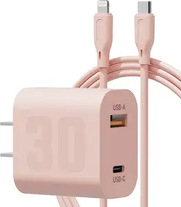 30W USBC急速充電ブロックデュアルポートウォールチャージャープラグ電源アダプター、iPhone iPad用5フィートUSB-C〜USB-Cケーブルコード付き