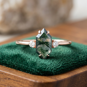 Rose Gold Plated Women's Engagement <b>Ring</b> With Hexagon Moss Agate Stone And Diamond Pave Bohemian Style - Product Image 3
