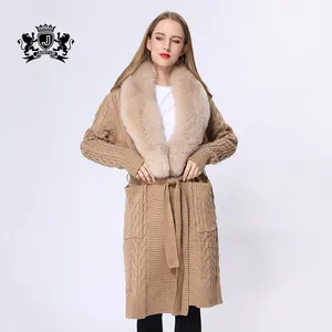 Hot sale Mid-Length Fashion Belted Real Fox Fur Collar Wool Knitted Sweater Cardigan