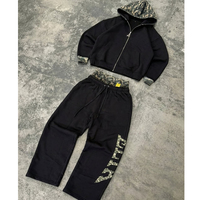 Ensemble de survêtement en coton personnalisé pour homme, sweat-shirt à capuche à fermeture éclair à carreaux et pantalon de survêtement à double taille