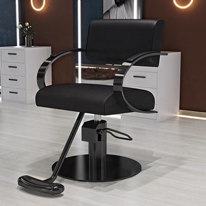 Chaise de barbier hydraulique noire, chaise de coiffure de salon, base ronde en acier inoxydable, siège de coiffure avec repose-pieds - Product Image 1