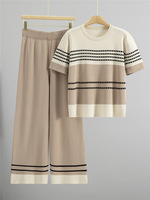 Ensemble de sport décontracté pour femmes, nouveau style d'été, haut rayé à carreaux amincissant à manches courtes, pantalon large, ensemble deux pièces