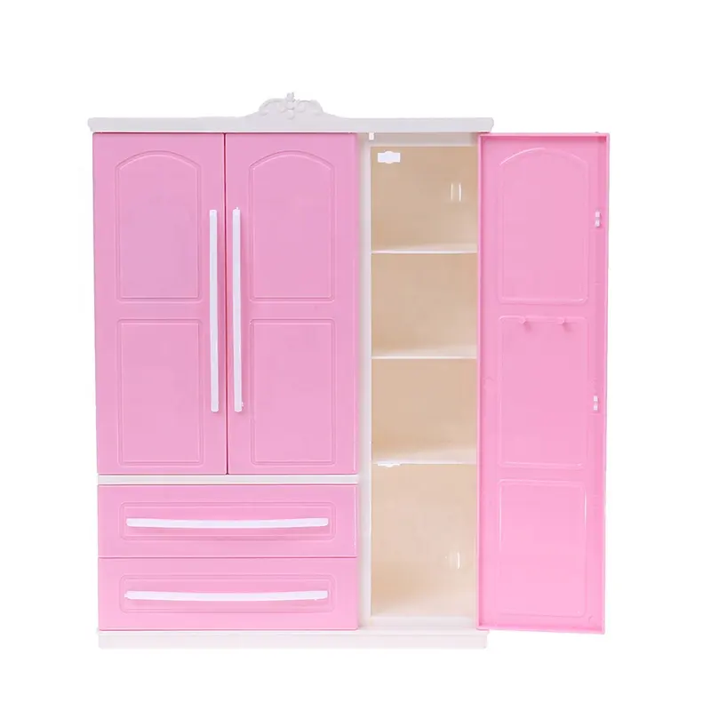 Three-door Pink Modern Wardrobe for Barbie Furniture Clothes Accessories with Dressing Mirror Girls Toy
