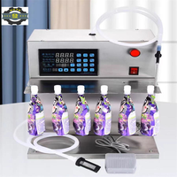 Machine de remplissage à quatre têtes pour petits échantillons de jus, gelée, boissons, savon de lessive, avec buse d'aspiration, pompe péristaltique et bec verseur pour sachets autoportants