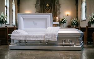 Cofano Funebre in Metallo Argentato con Interni Bianchi e Ricamo Angelo, Stile Americano, in Acciaio Inossidabile per <span class=keywords><strong>Onoranze</strong></span> <span class=keywords><strong>Funebri</strong></span> - Product Image 5