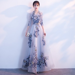 Elegant Evening Gown V-Neck A-Line Chiffon Floral Print Long Dress For Banquet Coming Of Age Ceremony Performance Hostess - Product Image 1