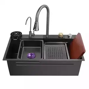 Luxury Modern Nano Black Stainless Steel Farmhouse Hotel Kitchen Sink with Waterfall Rainfall Pull Out Faucet Anti- Scratch