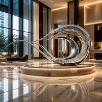 Sculpture Moderne Abstraite en Acier Inoxydable Poli Effet Miroir, Ornement Métallique en Maille en Forme de Feuille, Couleurs et Tailles Personnalisables pour Jardin
