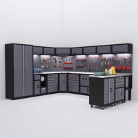 Système d'atelier personnalisable avec armoire à outils à 4 à 7 compartiments, établi, panneau perforé mural et tiroirs de rangement suspendus pour garage et atelier