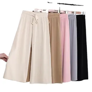 Pantalones de pierna ancha con cordón para mujer, cintura alta elástica, Color sólido, barato, moda informal de seda de hielo