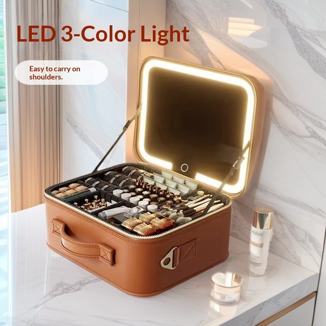 Custom OEM Large Makeup Organizer With LED Mirror Warm Natural Cool Light Removable Dividers Waterproof Travel Cosmetic Case