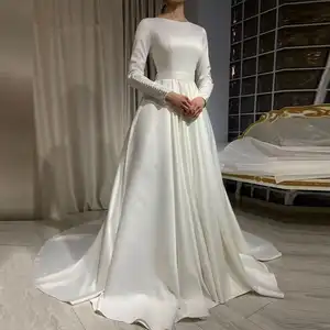 White High Neck Long Sleeves Satin Custom Made Woman Elegant Wedding Dresses Muslim Plus Size Bridal Gowns