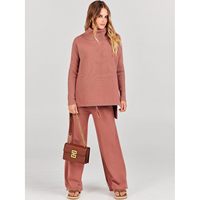 Ensemble pull tricoté femme FOXA, col roulé oversize et pantalon large, tenue décontractée respirante en polyester et coton, modèle ANRA Needle