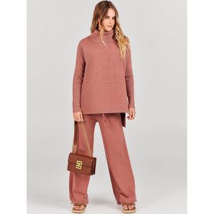 Ensemble pull tricoté et pantalon large à col roulé pour femme FOXA – Tenue décontractée respirante en polyester et coton – Collection Automne 2025 - Product Image 2