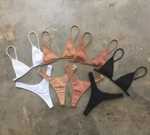 2023 New Design Swimsuit Custom Thong 2 Pieces Fashion Bikini Set OEM Solid Color Swimwear For Women
