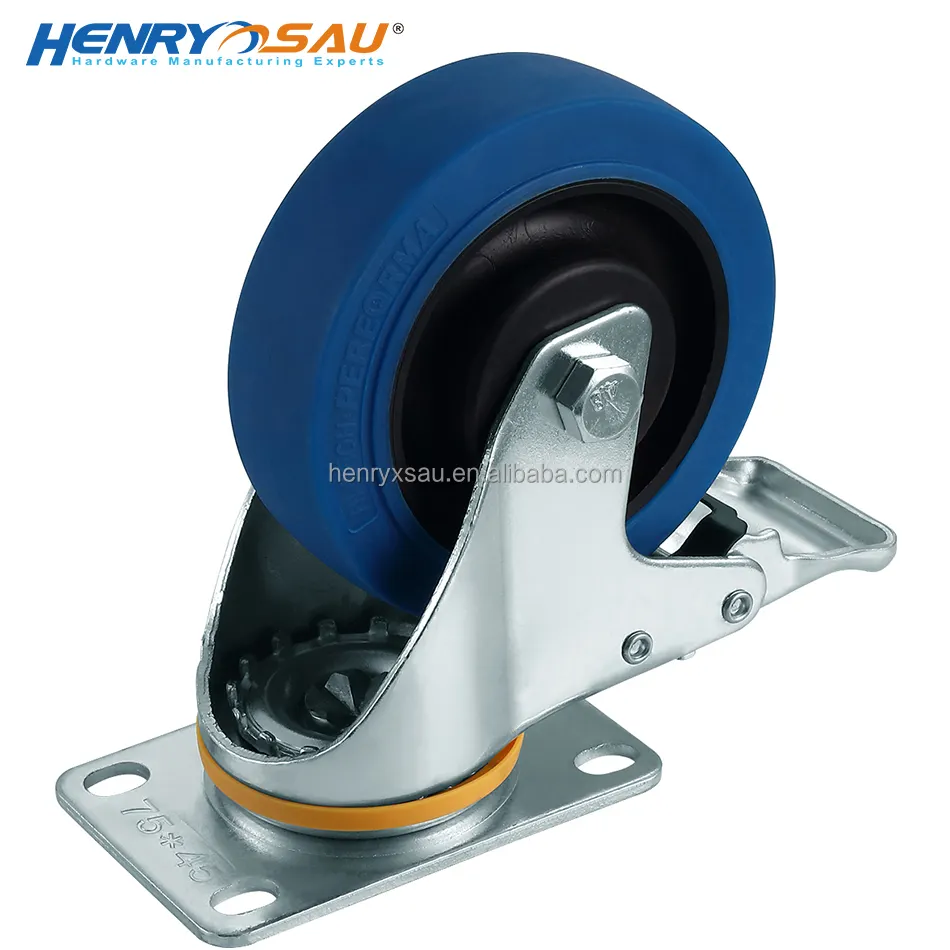 New Style product diameter 4inch heavy duty iron core high elasticity TPR rubber rotatable brake blue caster wheel for Trolley