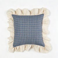 Französischer Landhausstil Zweifarbiger Gingham-Kissenbezug mit Rüschenrand 18x18 Zoll Natürliche Baumwolle Leinen Quadratischer Dekorativer Kissenbezug