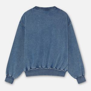 Sudadera Azul Denim Lavado de Algodón Grueso con Forro Polar, Cuello Redondo Acanalado, Hombros Caídos, Sudadera con Capucha Tipo Pullover para Unisex - Product Image 3