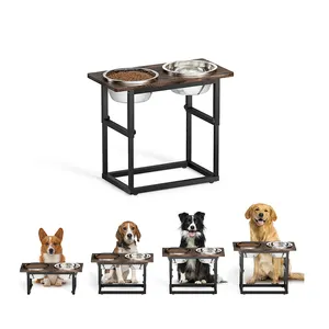 2024 Custom Height Adjustable Stainless Steel Dog Food Double Bowl With Wooden Stand
