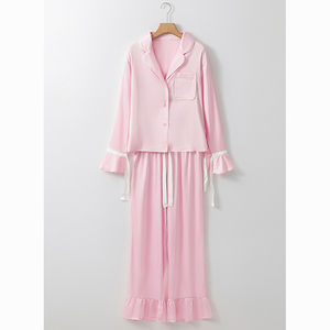 Dear-Lover all'ingrosso OEM ODM Loungewear produttore <span class=keywords><strong>camicia</strong></span> di alta qualità e pantaloni arruffati pigiami in raso personalizzato Set da <span class=keywords><strong>donna</strong></span> - Product Image 2