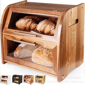 Double Layer Wooden Bread Box With Glass Door For Kitchen Storage Acacia Wood Color Black White Customizable Logo - Product Image 1