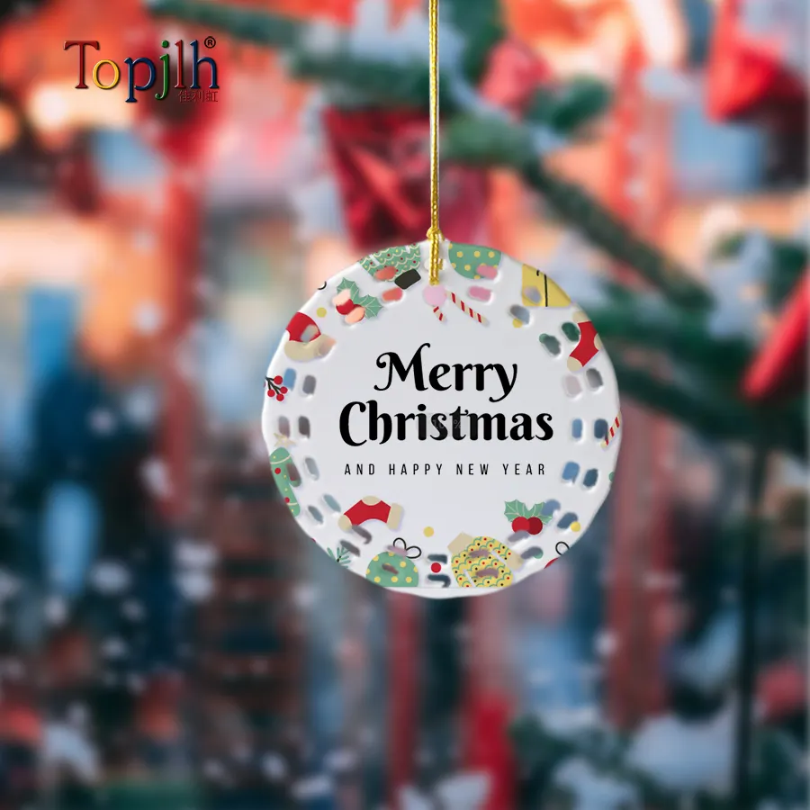 Topjlh Amazon Top-Seller Sublimation Blank Round mit ausgehöhlter Kante PBT Plastic Ornaments für Weihnachts baum