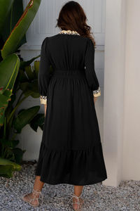 Dear-Lover Abito Midi da Donna con Scollo a V, Maniche a Bracciale, Orlo Arricciato e Dettagli Leopardati a Contrasto, Nero, per Boutique, Vendita all'Ingrosso - Product Image 2