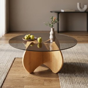 Table basse moderne en verre trempé rond avec base en bois, meubles de salon, design décoratif - Product Image 1
