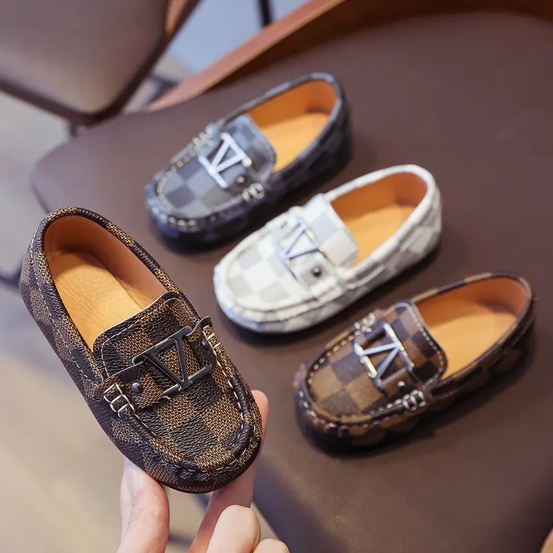 2022 Fashion Plaid Pu Leather Cheapest World Boy Shoes Children Kid Girl Boat Shoes School