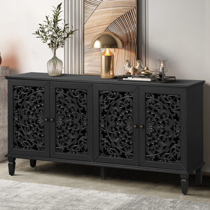 Buffet antique de 60 pouces avec sculptures florales, pieds en bois massif, étagères réglables, meuble TV et rangement - Product Image 3
