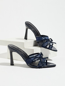 Mules élégantes pour femmes, rouge bordeaux brillant, en cuir verni et maille, avec joli nœud, bout carré ouvert, à enfiler, talon évasé, sandales sans talonnière, idéales - Product Image 4