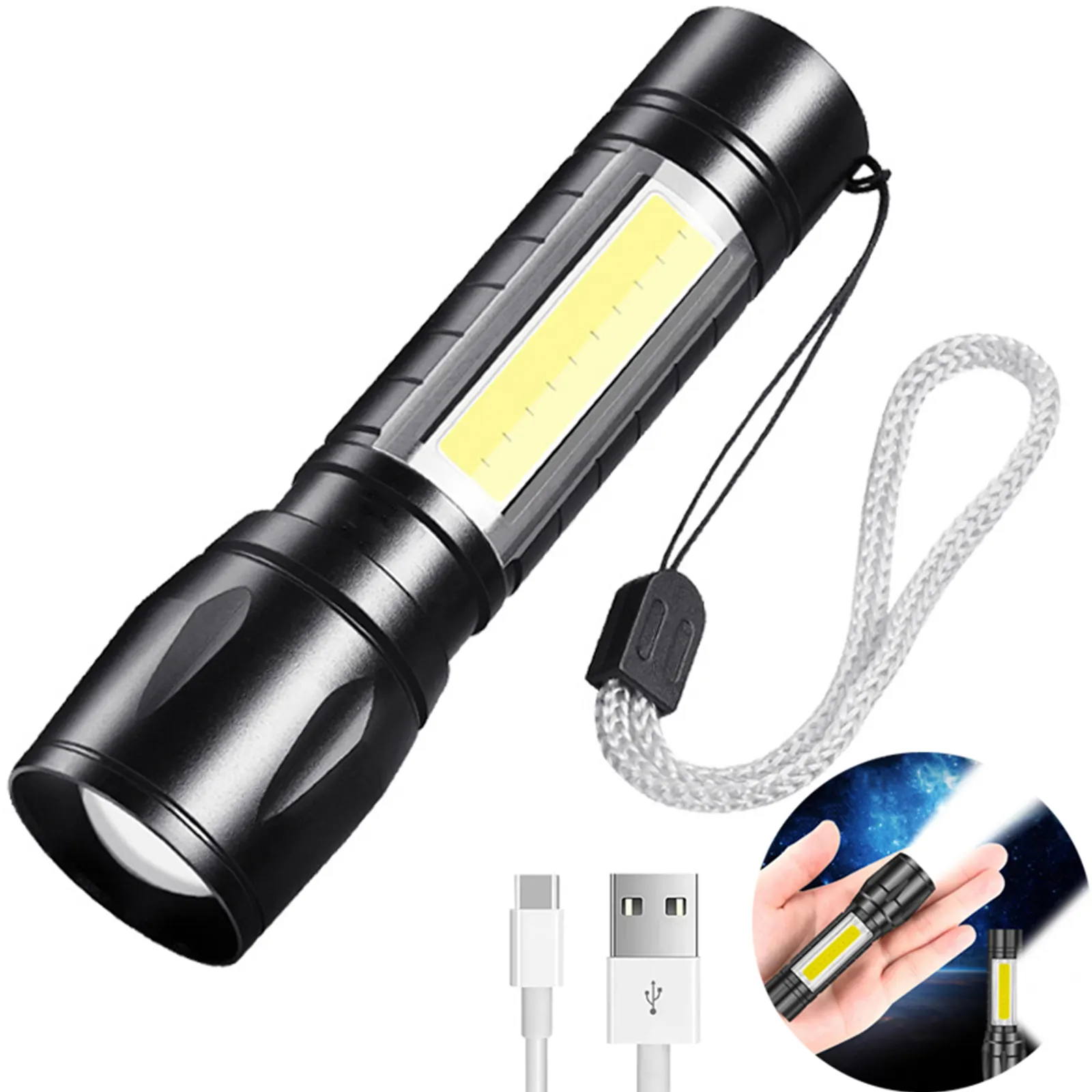Mini USB Lanterna Recarregável LED Portátil Zoomable XPE & COB Pequena Tocha Para Caminhadas De Acampamento De Emergência