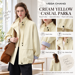 VEGA CHANG Damen Cremegelbe Stehkragen-Freizeitparka-Jacke mit Verstellbarem Saum, Karierter Manschette, Futter, Reißverschluss und Knöpfen - Product Image 1