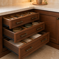 Ensemble d'armoires de cuisine américaines traditionnelles en noyer sur mesure avec portes à panneaux surélevés, îlot central et rangement pleine hauteur pour garde-manger
