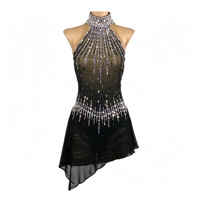 Robe de patinage artistique noire à col halter et dos nu avec strass, en tissu mesh pour enfants et adultes, pour les compétitions et spectacles sur glace