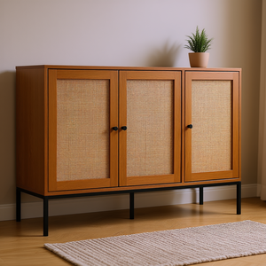 Mueble de Almacenamiento de Ratán Color Madera de Roble de 47 Pulgadas, Puertas Magnéticas, Estantes Ajustables, Aparador para Sala de Estar, Diseño Escandinavo - Product Image 2