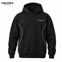 Sweat à capuche noir personnalisé en gros avec bordure blanche incurvée, motif graphique, en polycoton, style streetwear sportif, pull-over