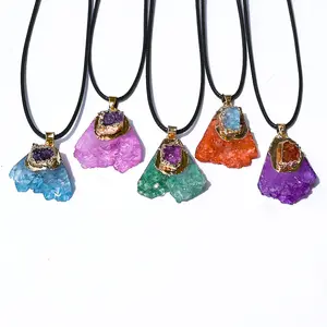 Natural Crystal Cluster Pyramid Shape Irregular Pendant Green Rose Pink Mix Triangle Gemstone Gold Plated Necklace Jewelry