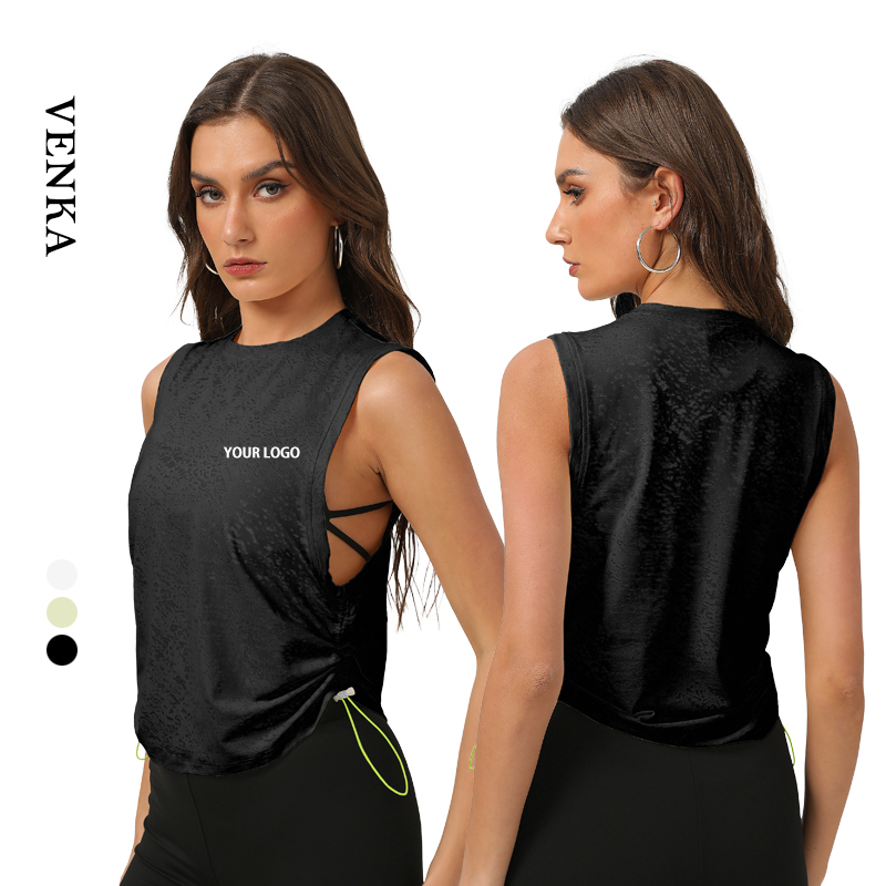 Women Breathable Athletic Wear New Design Hem Drawstring Sports Fitness Loose Round Neck Girl Sleeveless Yoga Tank Top T Shirts
