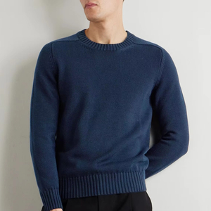 Pull classique pour homme, col rond, 100% coton, bleu marine, bordure côtelée, style décontracté, hiver - Product Image 1