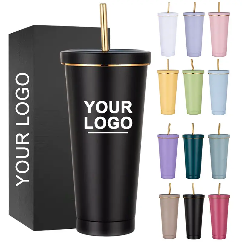 Logo kaplı vakum yalıtımlı hediye kupası ile özel paslanmaz çelik Tumbler promosyon tumbler saman ile kahve fincanları kupalar seyahat kupa