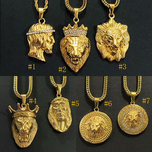 Hiphops קריסטל עגול האריה מדליית PVD זהב פאנק האריה ראש תליון חבל שרשרת נירוסטה ישו חתיכה פנים שרשרת גברים - Product Image 2